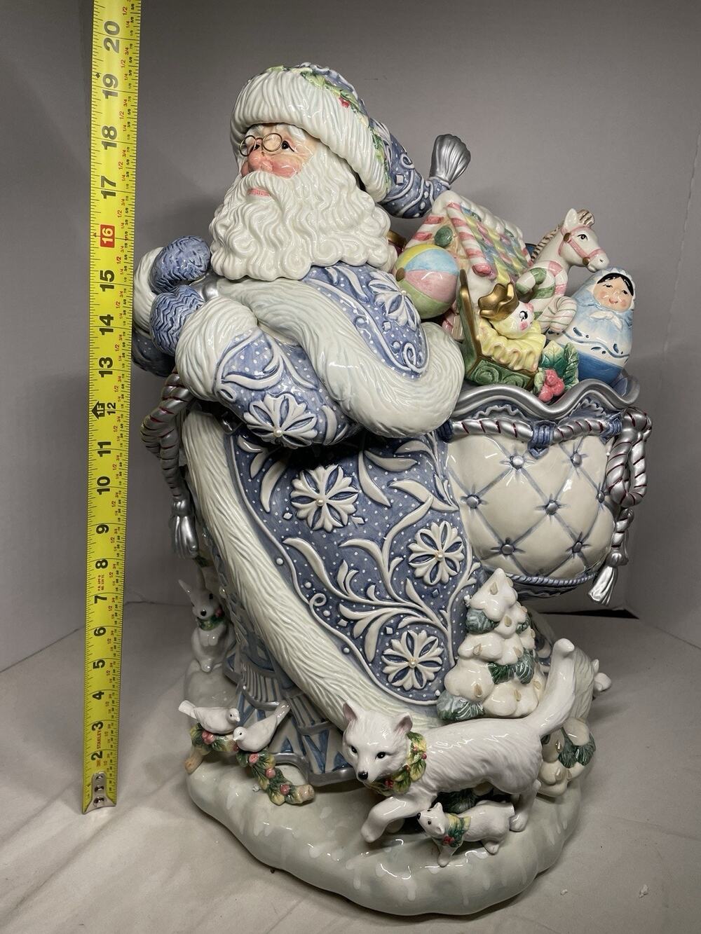 Vintage Fitz & Floyd Crystal Winter Blue Santa Cookie Jar XXL 20” Woodland w/Box